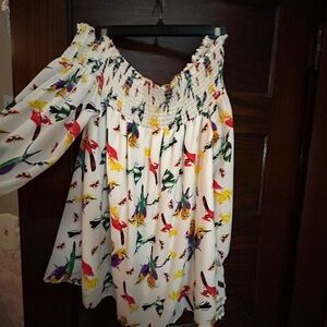 Voom by Joy Han White Smocked Ruffled Blouse